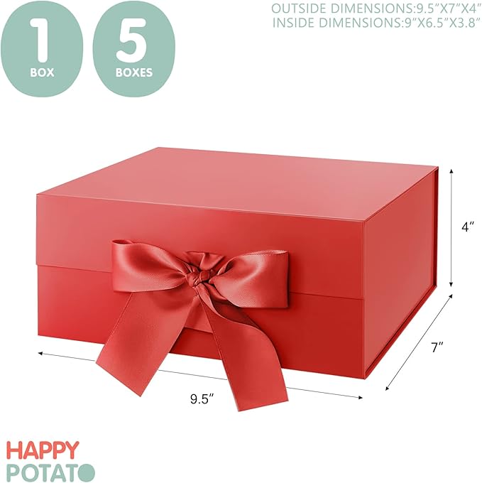 HAPPY POTATO 5 Christmas Gift Boxes with Lids and Ribbon 9x6.5x3.8 Inches, Bridesmaid Proposal Boxes, Red Gift Boxes for Presents (Glossy Red, Pack of 5)