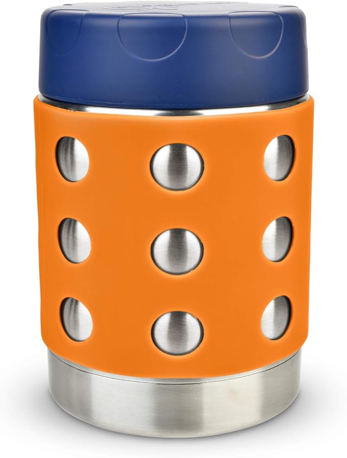 LunchBots Thermal 12 oz Triple Insulated Thermos - Hot 6 Hours or Cold 12 Hours - Leak Proof Thermos Soup Jar - All Stainless Interior - Navy Lid - Orange Dots