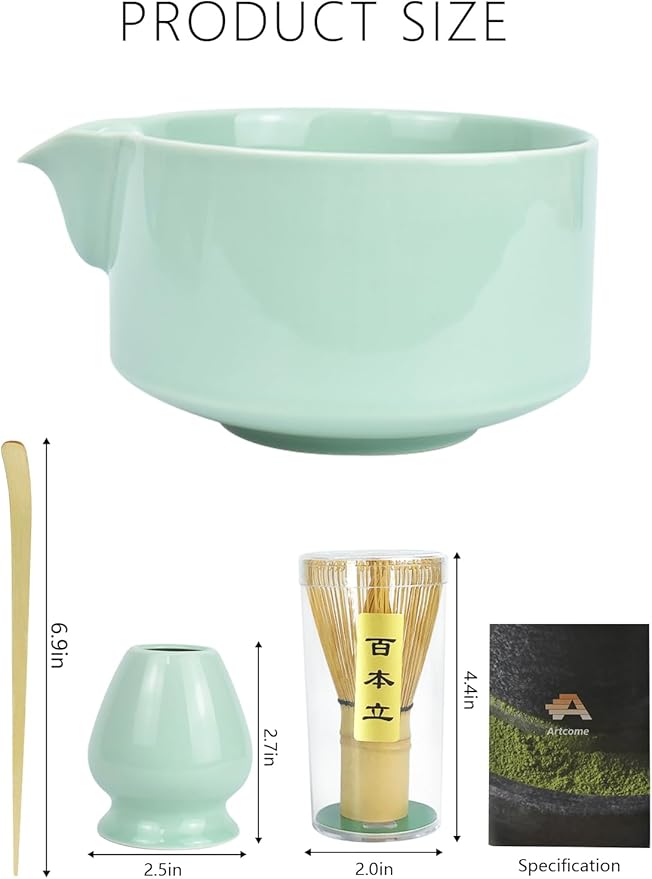 Artcome Premium Matcha Tool Set – Includes Matcha Bowl with Pouring Spout, Whisk, Whisk Holder, Tea Scoop & Matcha Manual - Green