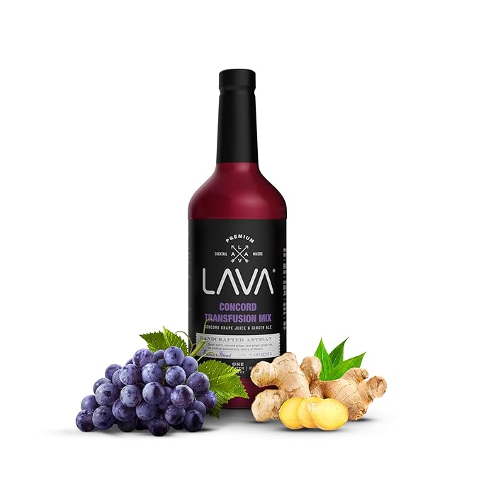 (3 Pack) LAVA Premium Concord Transfusion Mix made with concord grape juice, real ginger, ginger ale, no artificial sweeteners, 1-Liter (33.8oz) Glass Bottle, Ready to Use.