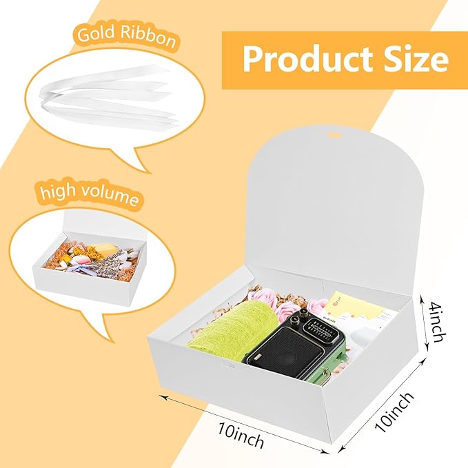 WLUSEAXI 12Pack Gift Boxes, 10x10x4 Inches Bridesmaid Proposal Box, White Boxes for Gifts, Paper Gift Box with Ribbon for Presents, Wedding, Bridal Shower, Baby Shower, Birthday Party, Graduation