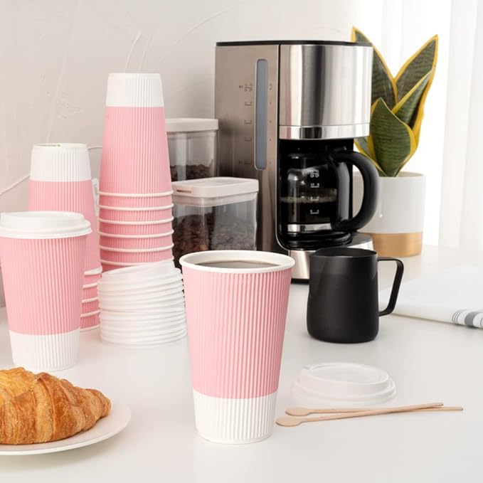 Restaurantware 16 Ounce Ripple Wall Disposable Coffee Cups, 500 Insulated Light Pink Paper Tumblerss for Hot Drinks like Tea and More, Rolled Rim Design, Lids Sold Separately