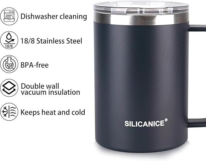 14 oz Stainless Steel Vacuum Insulated Tumbler with handle & MacSlider Lid, Dishwasher Safe & Spill Proof Coffee Cup, Travel Mug for Hot/Cold Drinks, Durable Design - Gray