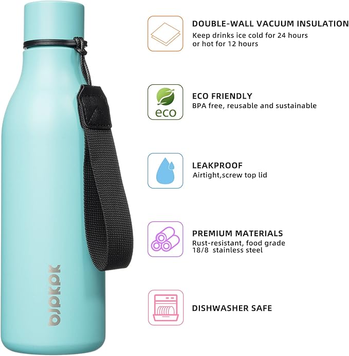 BJPKPK Insulated Water Bottles, 18 oz Stainless Steel Metal Water Bottle with Strap, BPA Free Leak Proof Thermos, Mugs, Flasks, Reusable Water Bottle for Sports & Travel, Turquoise