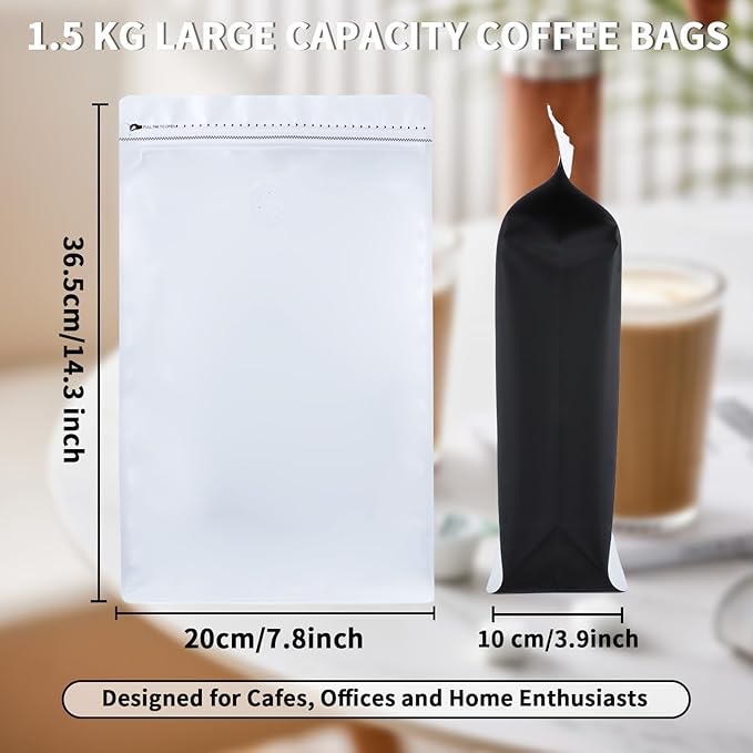 New 1.5 KG Large Capacity Coffee Bags with Valve (50 PCS) White Sides Black High Barrier Aluminum Foil Flat Bottom Standing Coffee Beans Storage Packaging Bags, Reusable Heat Seal Side Zipper Pouches