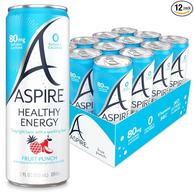 ASPIRE® Fruit Punch, Healthy Energy Drink 80mg Natural Caffeine, Zero Sugar No Carbs Keto Friendly, 12 Pack Green Tea Sugar Free Drink Low Caffeine Zero Calorie