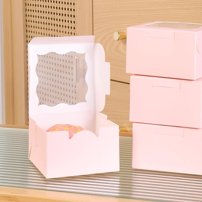 150pcs Pink Small Cake Box,4x4x2.5 Inch Bakery Boxes with Window,gift boxes bulk for Mini Cake Pastry Dessert Strawberries Chocolates Cupcakes with Stickers