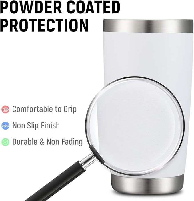 COMOOO 20oz Tumbler with Straw Stainless Steel Insulated Coffee Tumbler Cups Thermal Double Wall Vacuum Travel Coffee Mug with Splash Proof Sliding Lid for Home, Office, School (White, 1 Pack)