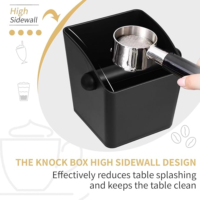 Large Square Knock Box Shock-absorbent Knock Box Espresso with Removable Knock Bar and Non-Slip Base Espresso Accessories for Home/Office (Large Black Knock Box with Tamper Mat)