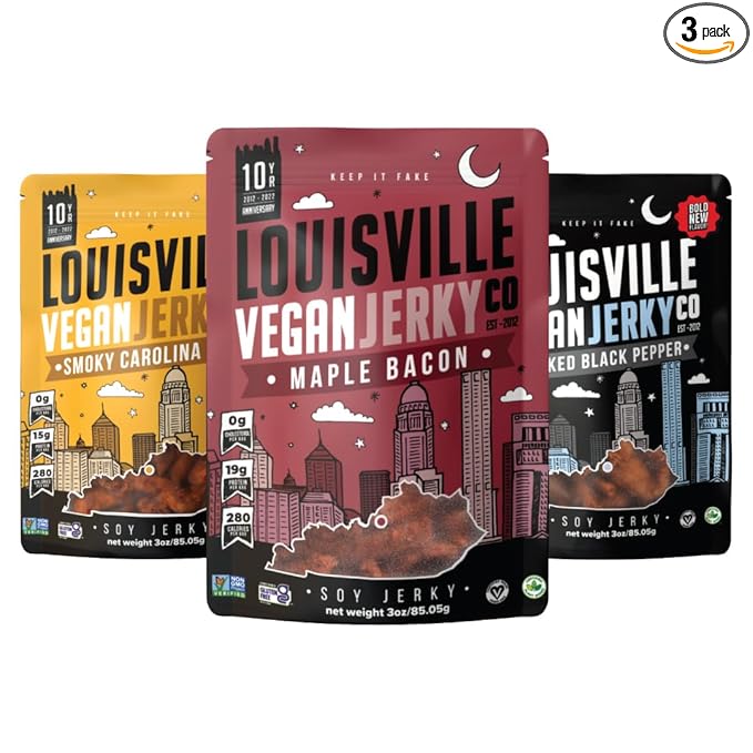 Louisville Vegan Jerky Co. Best Sellers 1 Variety Bundle Vegan Jerky 3 oz. 3 pack (Smoky Carolina BBQ, Smoked Black Pepper, Maple Bacon)