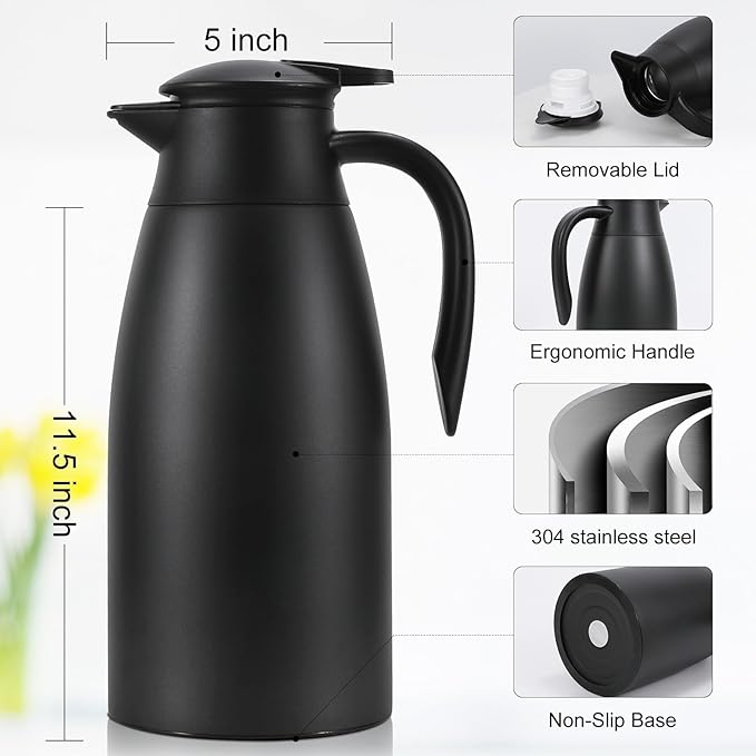 70 oz Thermal Coffee Carafe, Updated 2 PCS Insulated Stainless Steel Coffee Carafes for Keeping Hot Coffee & Water Hot Beverage-12Hours, Double Walled Vacuum Coffee Carafe(Gold+Gold)
