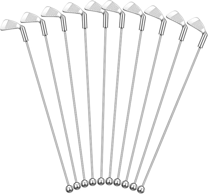 Hushee 10 Pcs Metal Golf Cocktail Stirrers Swizzle Stir Sticks 7.87 Inch Reusable Drink Stirrer Sticks Party Decorations Golf Party Clubhouse and Outing Decorations