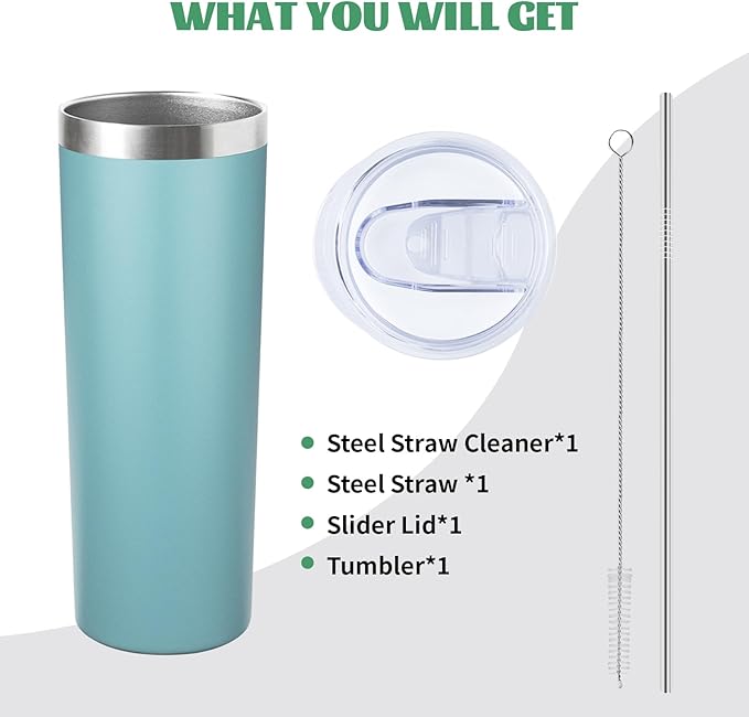 20 oz Skinny Tumbler with Lid and Straw,Stainless Steel Vacuum Insulated Tumbler Cup Double Wall Leak-proof Coffee Mug,Travel Thermal Water Tumbler for Home,Office,Outdoor (Glacier blue,8)