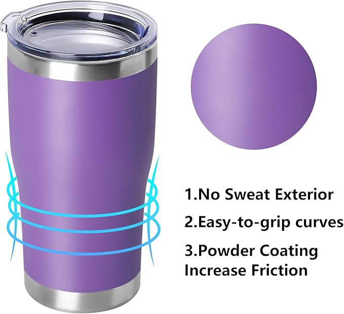 DOMICARE 20oz Tumbler with Lid Stainless Steel Tumblers Bulk, Double Wall Vacuum Insulated Coffee Travel Mug Powder Coated Tumbler, 12 Pack Purple