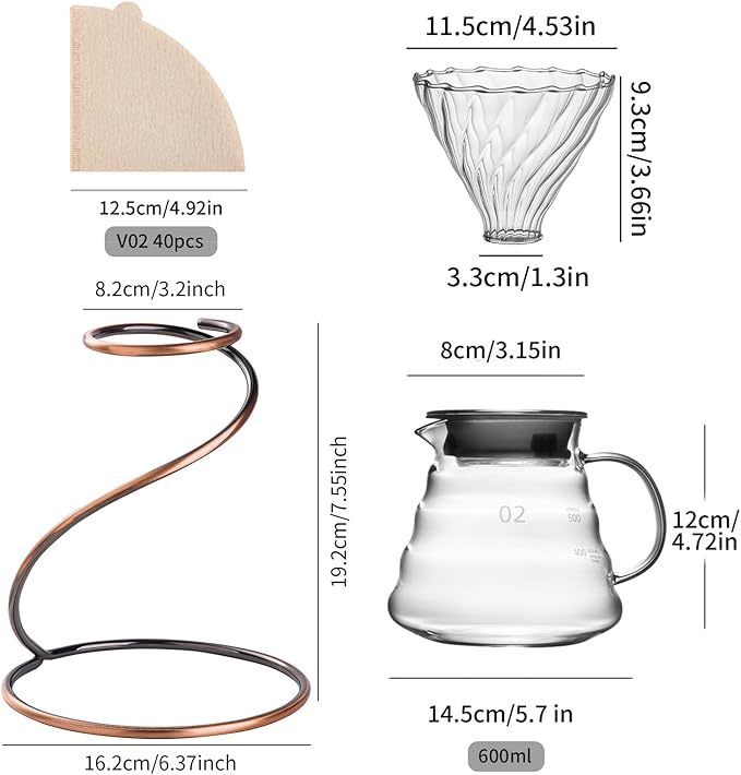 Coffee Pour Over Set – Complete Pour Over Coffee Maker with Dripper, 40Filters, and Metal Stand – Portable & Stylish Style Drip Coffee Brewer