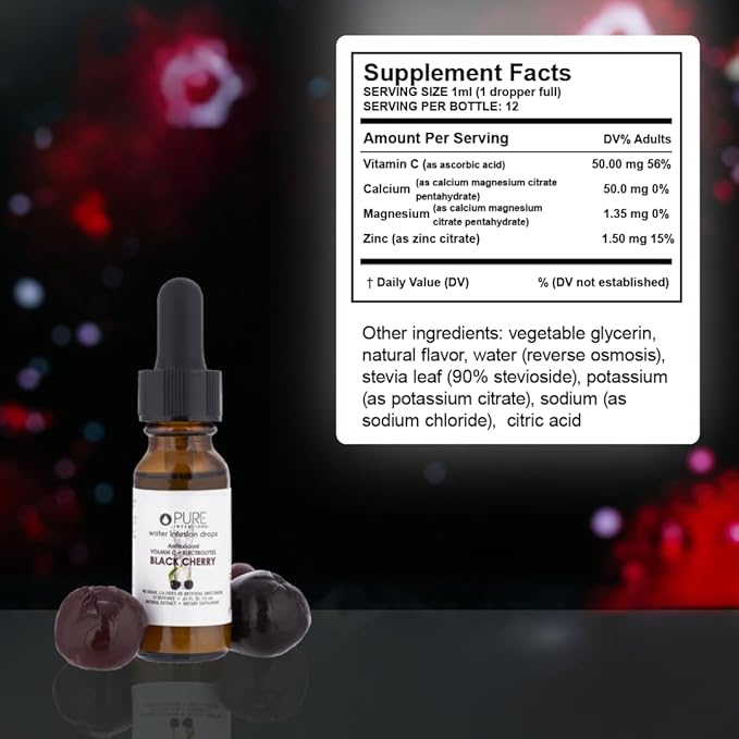 Pure Inventions - Black Cherry Water Infusion Drops - Antioxidants, Vitamin C & Electrolytes -Health & Wellness Drink -Immunity Support -Sugar Free, Zero Calorie, No Artificial Sweeteners -12 Servings
