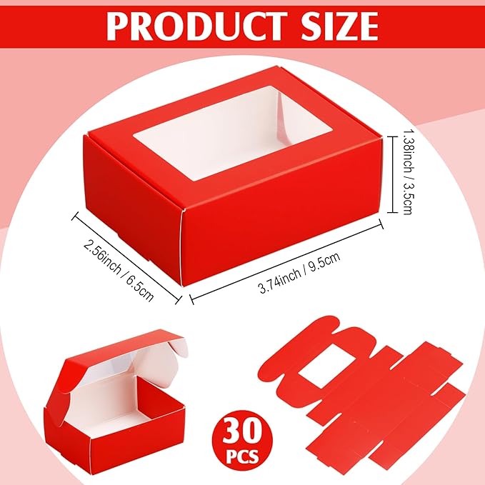 Zonon 30 Pcs Soap Boxes for Homemade Packaging, Mini Kraft Treat Boxes with Window for Bakery Candy Soap Making Gift Packaging (3.7 x 2.6 x 1.37 Inch,Red)