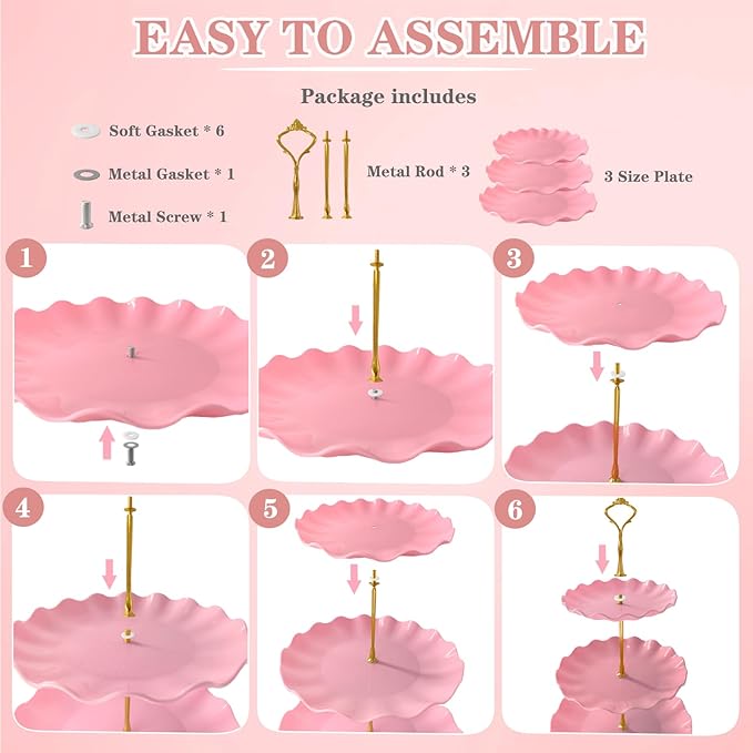 5 Pcs Dessert Table Display Set, Pink Plastic 2 Pcs Round 3 Tier Cupcake Stand Cup Cake Tower Stand with Metal Rod & 3 Pcs Serving Tray for Baby Shower, Tea Party, Wedding, Birthday Party
