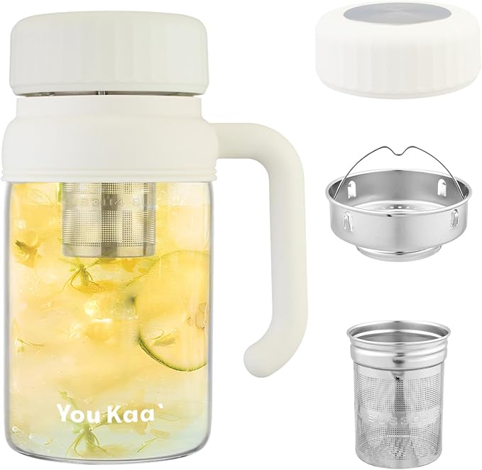 32oz Glass Water Bottle, Tea Bottle with Infuser & Handle, BPA-Free Leakproof Wide Mouth Large Tea Infuser Bottle for Hot or Cold Drinks, Loose Tea, Fruit (White)