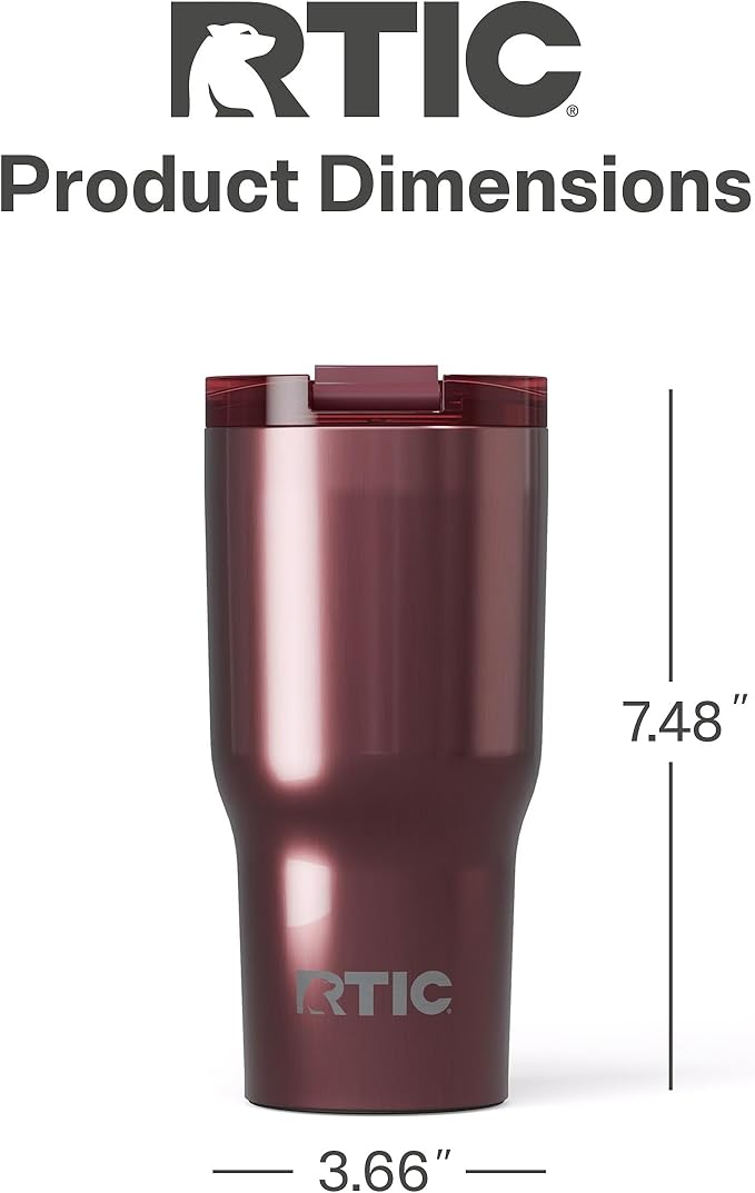 RTIC 20oz Essential Tumbler with Lid, Insulated, Stainless Steel, Metal, Double Wall Vacuum-Insulation, Ceramic Lined, Travel Cup for Iced Coffee, Tea, Hot and Cold Drink, Vintage Rose Metallic