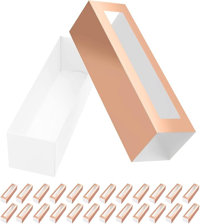 25 Rose Gold Macaron Boxes with Clear Window, Elegant Style, Holds 6 Macarons, 7.4" x 2" x 2"