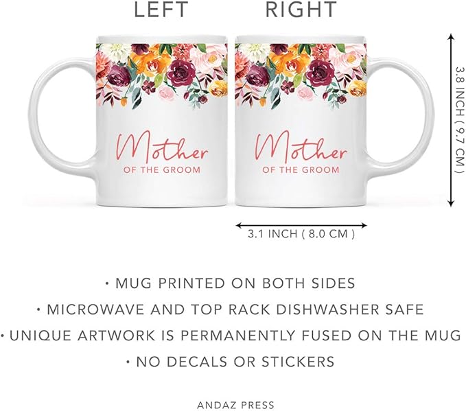 Andaz Press 11oz. Wedding Ceramic Coffee Tea Mug Gift, Fall Autumn Burgundy Orange Peach Flowers Roses Florals, Mother of the Groom, 1-Pack, Includes Gift Box
