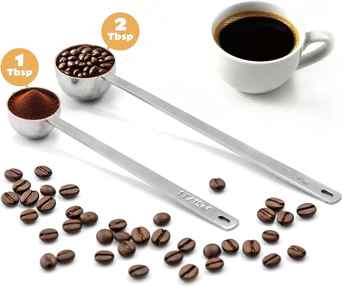 2Pcs Coffee Scoop Spoon - 1 Tbsp (15ml) & 2 Tbsp (30ml) Measuring Tablespoon - Stainless Steel Coffee Measuring Spoon - Long Handle Measuring Spoons for Ground Coffee, Loose Tea and Powder