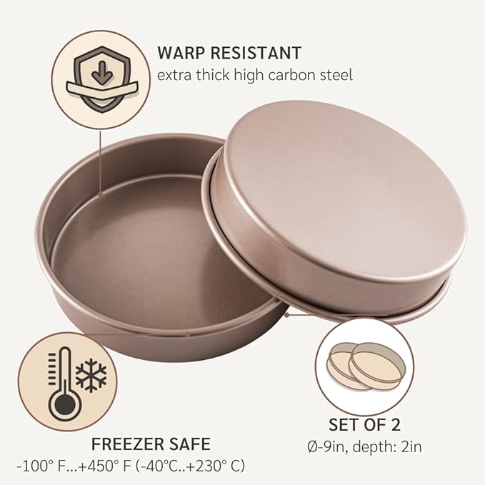 Non Toxic Nonstick 9 inch Round Cake Pans Set of 2 | Quality Non Stick 9 inches Layer Circle Cake Pan 2 inches Deep | Best 9in Baking Pan PFOA, BPA free Nontoxic | 9inch 9inches Cake Pans Set
