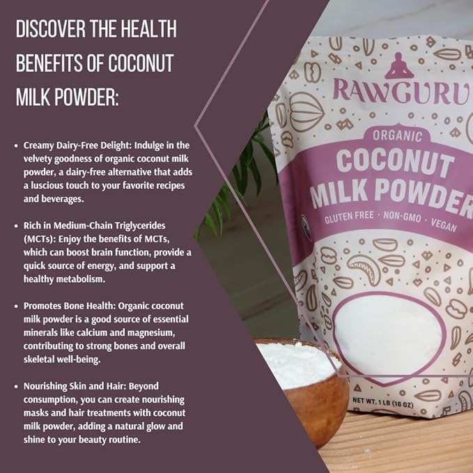 RawGuru Organic Coconut Milk Powder - Vegan & Nutrient-Dense Powder with Iron & Potassium - Rich & Creamy Organic Milk for Drinking or Baking - 16 oz, Pack of 1