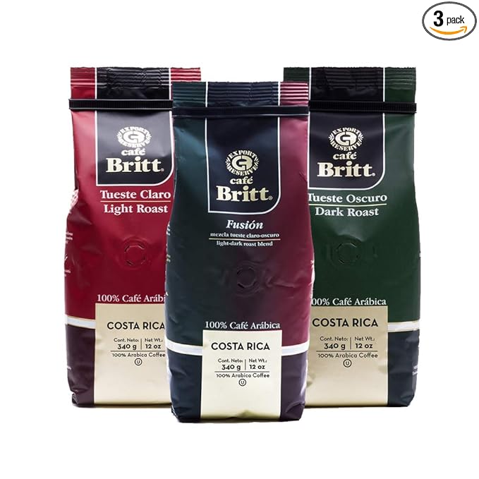 Café Britt® - Costa Rican Blends Mixed Bundle Coffee (12 oz.) (3-Pack) - Whole Bean, Arabica Coffee, Kosher, Gluten Free, 100% Gourmet & Light, Medium Dark & Dark Roast
