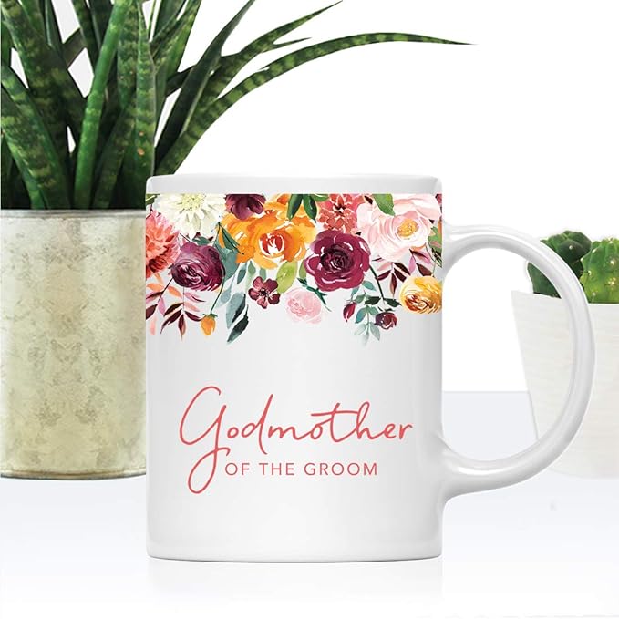 Andaz Press 11oz. Wedding Ceramic Coffee Tea Mug Gift, Fall Autumn Burgundy Orange Peach Flowers Roses Florals, Godmother of the Groom, 1-Pack, Includes Gift Box