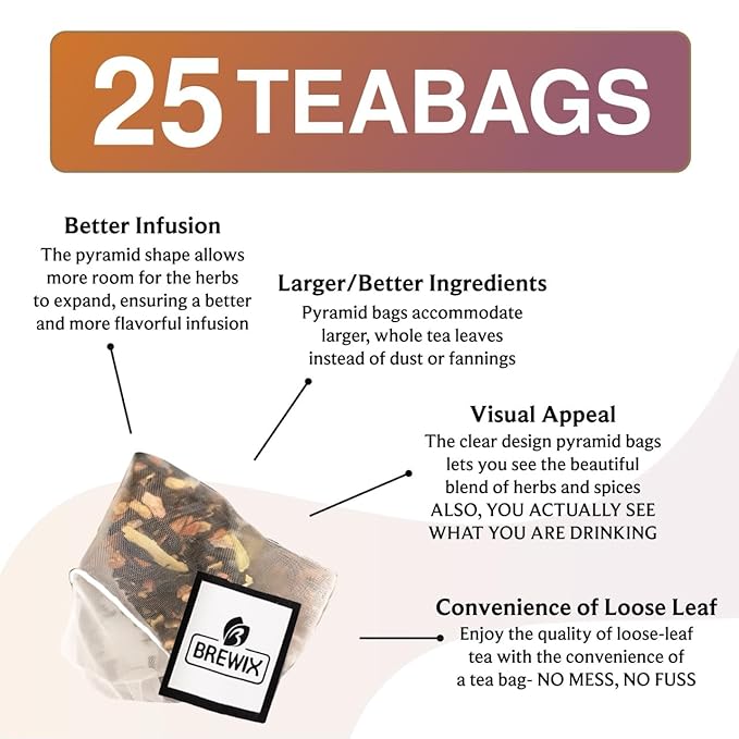 BREWIX, Pumpkin Spice Black Tea Bags (25 Pyramid Bags) | Cozy Fall Blend with Cinnamon, Ginger, Nutmeg & Clove | Caffeinated, Warm & Aromatic | Perfect for Autumn & Halloween