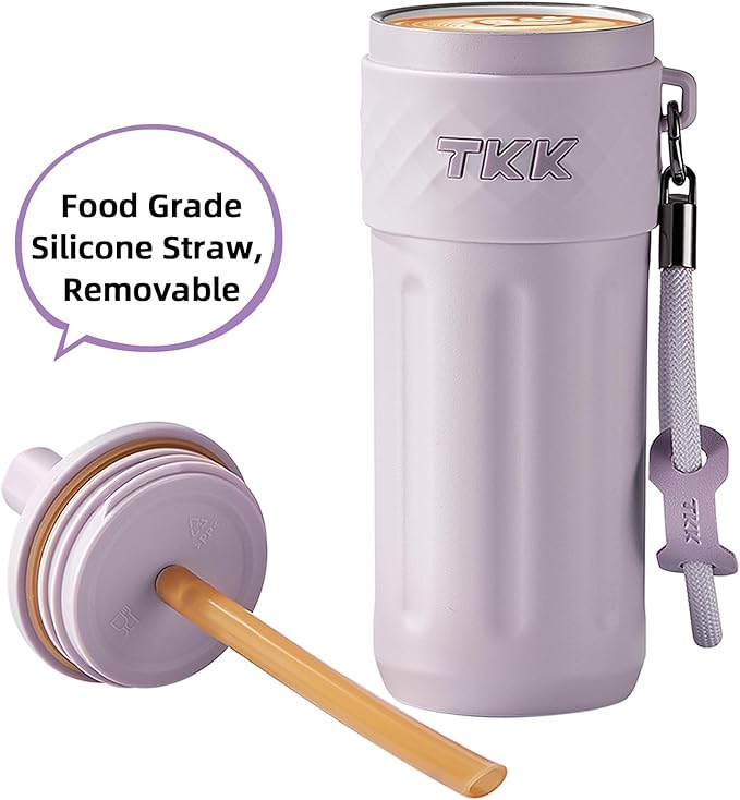 TKK 17 OZ Travel Tumbler Ceramic Lining with Straw Lid, Stainless Steel Vacuum Insulated Double Wall Coffee Tumbler, Leak Proof Iced Water Bottle with Carry Strap for Hot & Cold Drinks, Purple