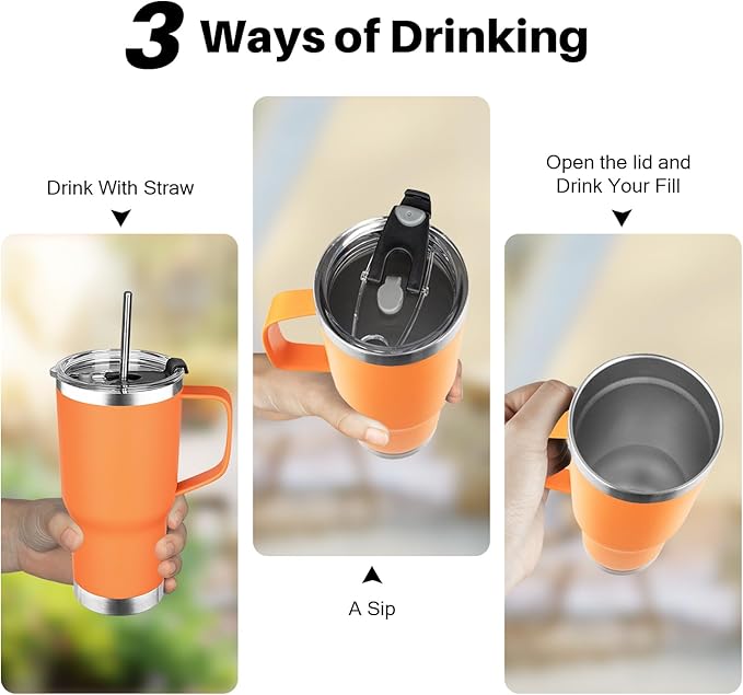 20 oz Tumbler with Handle, Stainless Steel Insulated Tumbler with Lid and Straw, Double Wall Vacuum Coffee Mug Tumbler, Insulated Coffee Thermal Cup for Cold and Hot (Orange, 20 Ounces)