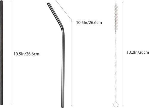 10 Pcs Stainless Steel Straws, Reusable Drinking Straws, 5 Straight + 5 Bent Metal Straws Set With 2 Pcs Cleaning Brushes (Black, 10.5 Inch)