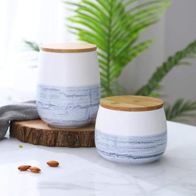Food Storage Jar White Ceramic Food storage canister with Airtight Wooden Lid for serving Coffee, Tea, Sugar, Spice and More (700ml)