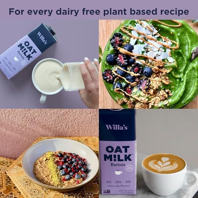 Willa's Organic Barista Oat Milk - Barista Blend Unsweetened Oatmilk and Creamer, Non-GMO, Shelf Stable, Low Sugar, Non-Dairy Milk, Made from Whole Grain Oats, For Foams and Froth, 32oz, Pack of 6