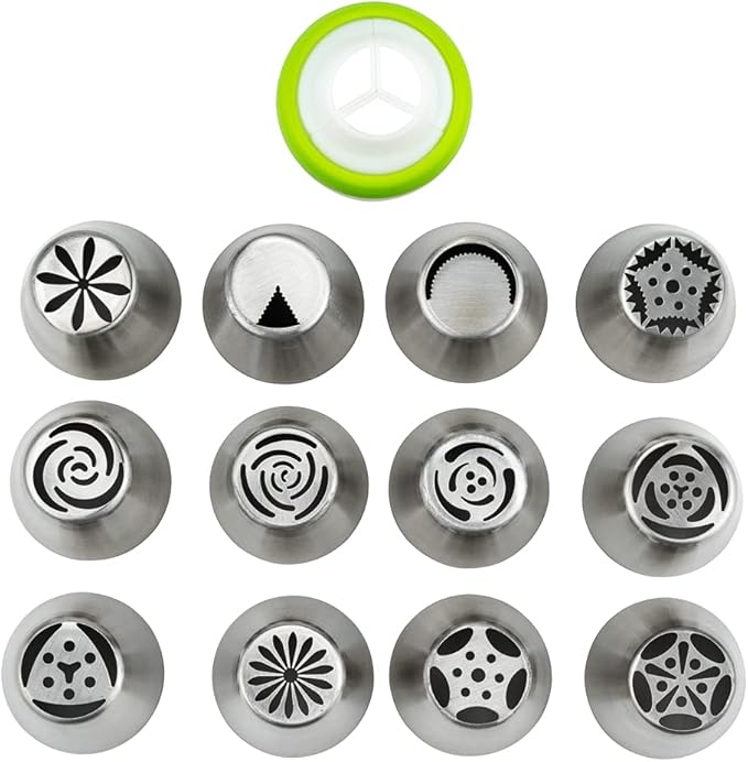 Restaurantware Pastry Tek Russian Piping Tips Set 23 Piece Durable Cake Decorating Kit - 12 Piping Tips 10 Piping Bags Stainless Steel Piping Bags And Tips Set 1 Tri-Color Coupler