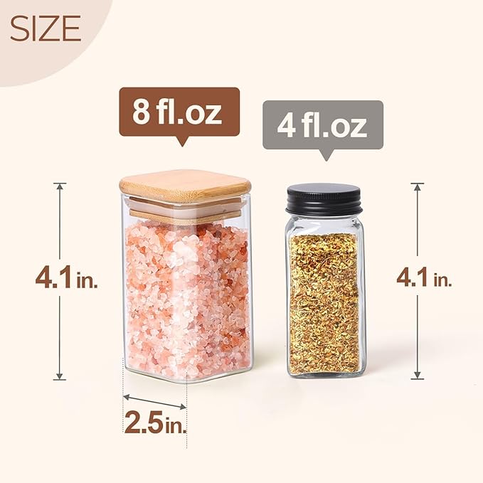 ComSaf Spice Jars with Labels 8 oz 16Pack, Small Spice Containers Starter Set, Glass Seasoning Jars with Lids, Square Seasoning Containers for Salt, Pepper, Chili Powder, Sugar, Loose Tea Storage