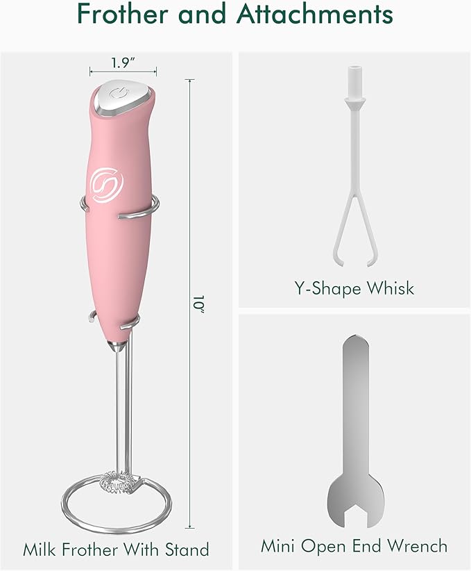 Milk Frother With Stand Handheld Frother Wand Drink Mixer Handheld Coffee Stirrers Electric Frother for Coffee Mixer Wand with 2 Whisk frother for protein powder-Pink
