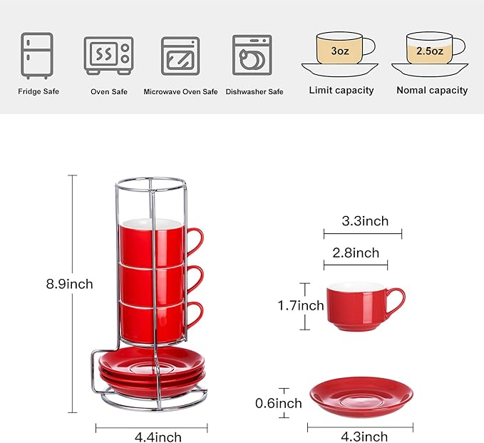 2.5 Ounce Porcelain Espresso Cups with Saucers and Silver Stand, Red Stackable Cups Set of 4