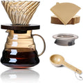 Pour Over Coffee Maker Set 20 oz, 600 ml Borosilicate Glass Coffee Server with Glass Lid, 50 pcs Paper Filter, Walnut Handle Pour Over Coffee Dripper for Home Café Restaurant, Gold