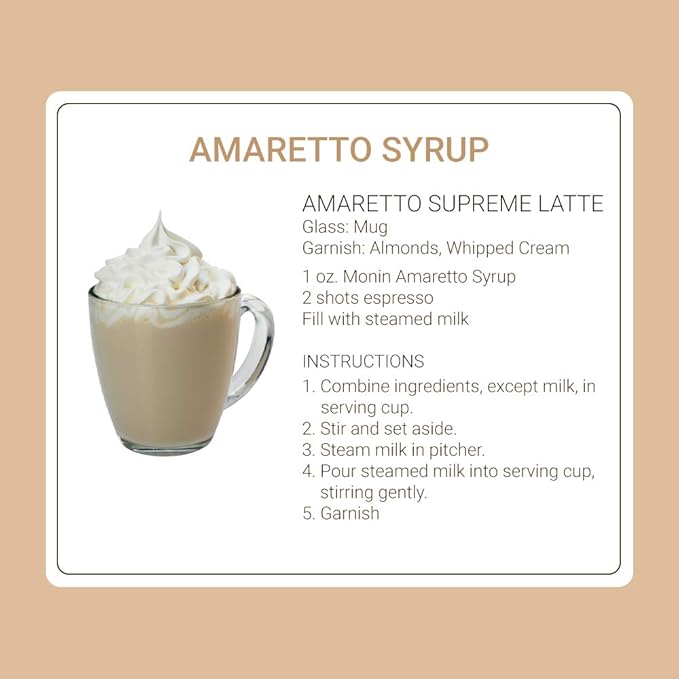 Monin - Amaretto Syrup, Almond-Caramel Cookie Taste, Natural Flavors, Great for Coffees, Lattes, Cocktails, and Mocktails, Non-GMO, Gluten-Free (750 ml)