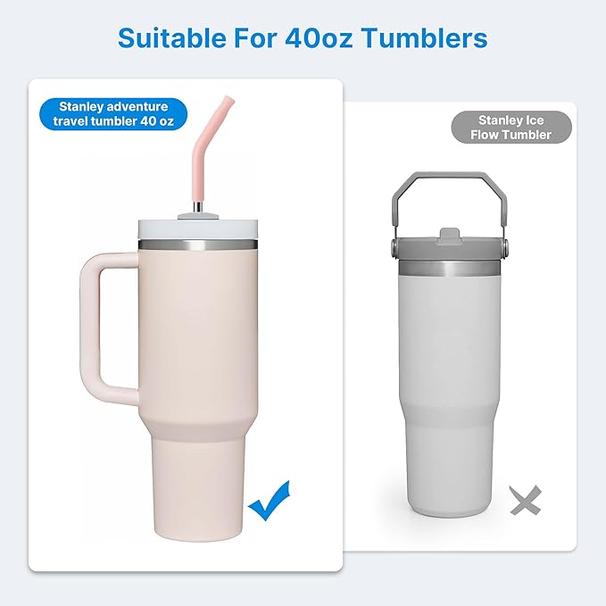Metal Straw with Silicone Tip for 40oz Stanley Cup, 2 Pcs Stainless Steel Straws Replacement for Stanley 40 oz Adventure Quencher Travel Tumbler Cup, 1 Straw Brush (Light Pink)
