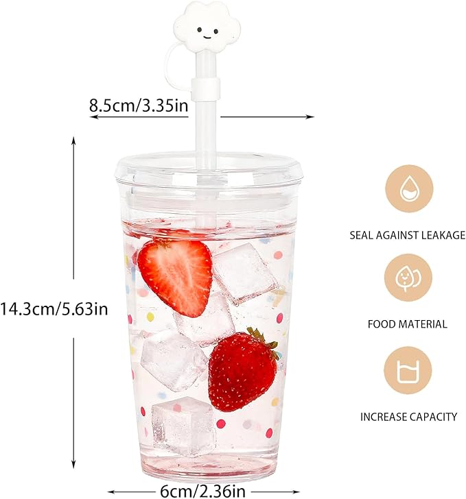 Clear Tumbler Cup, 16 oz Plastic Iced Coffee Cup with Lid and Straw, 6 Pack, Reusable and Dishwasher-Safe, for Gatherings and Outdoor Adventures (6, Dots)