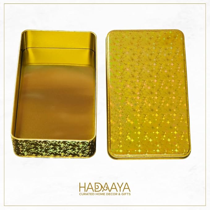 Pack of 6 Glittering Gold Rectangular Container With Lid, Multipurpose Tin Box, Festive Tin Box for Gift Giving, Cookies, Stationery & More - 7.25 x 5.25 x 2.25 Inches