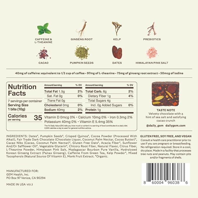 GEM Energy Caffeinated Bite | Holistic Sustained Energy | Supports Metabolism, Stamina & Endurance | 40mg Caffeine, Ginseng Root, L-Theanine | Chocolate Cacao Sea Salt | 7 Servings