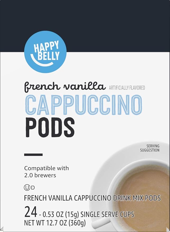 Amazon Brand - Happy Belly Cappuccino Coffee Pods Light Roast Compatible with 2.0 K-Cup Brewers, French Vanilla Flavored, 24 Count, 1.5 pound (Pack of 1)