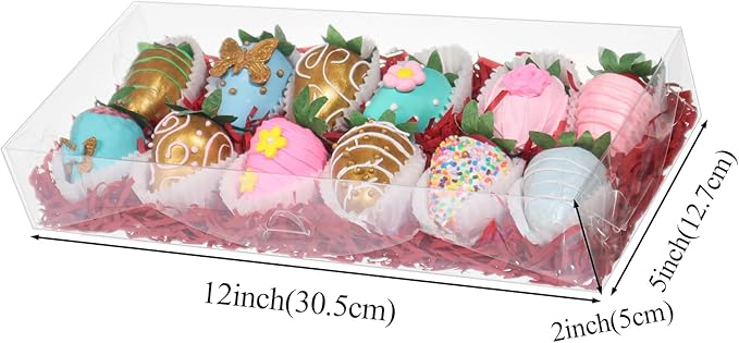 RomanticBaking 20Pcs 12x5x2Inches Clear Easter Cookies Boxes Chocolate Covered Strawberries Boxes for 12 Plastic Truffle Box Bakery Cakesickle Gift Box for Christmas Valentine's
