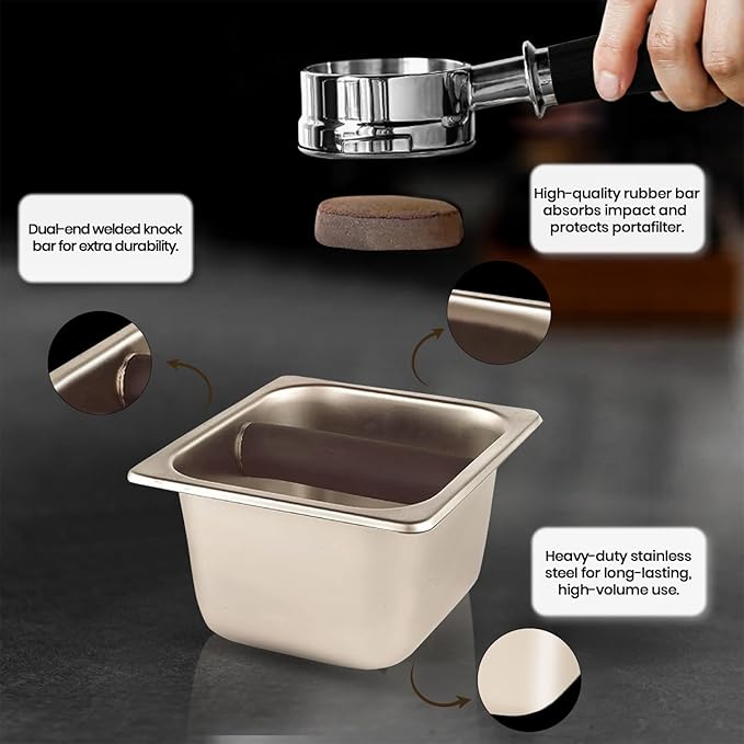 Rattleware Heavy-Duty Stainless Steel Knock Box Espresso Puck Disposal Durable Commercial Grade with Welded Bar Splash Guard All-Stainless Design for Busy Cafes and Home Baristas (6" x 5.5" x 4")